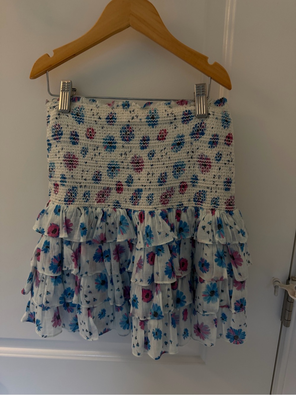 LoveShackFancy White Floral Smocked Tiered Mini Skirt